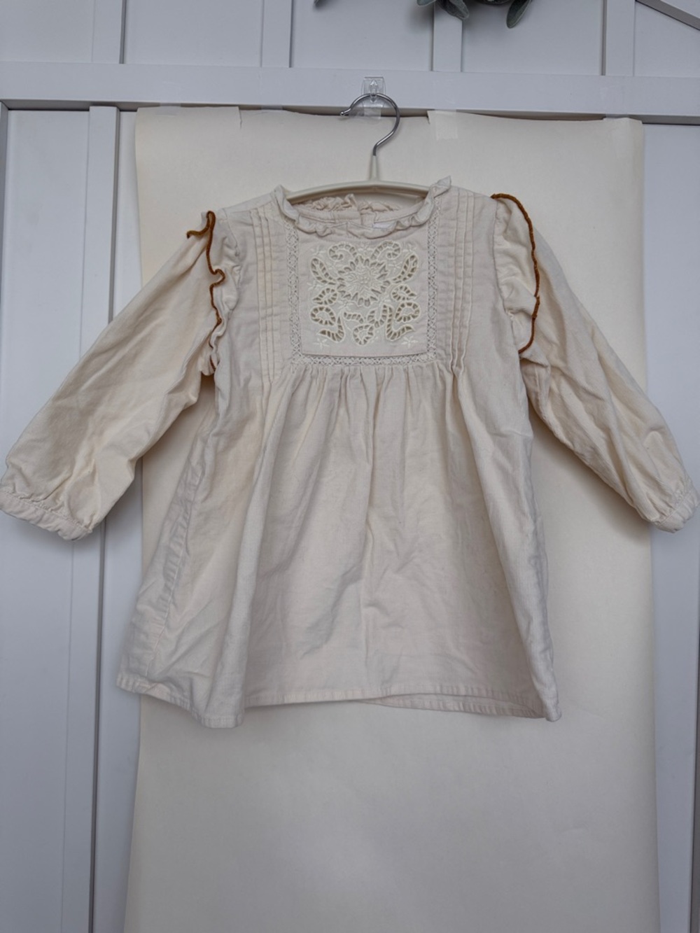 Cream Embroidered Long-Sleeve Peasant dress for Kids